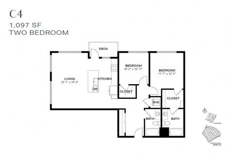 Floor plan for 2 beds, 2 baths, 1097 sqft